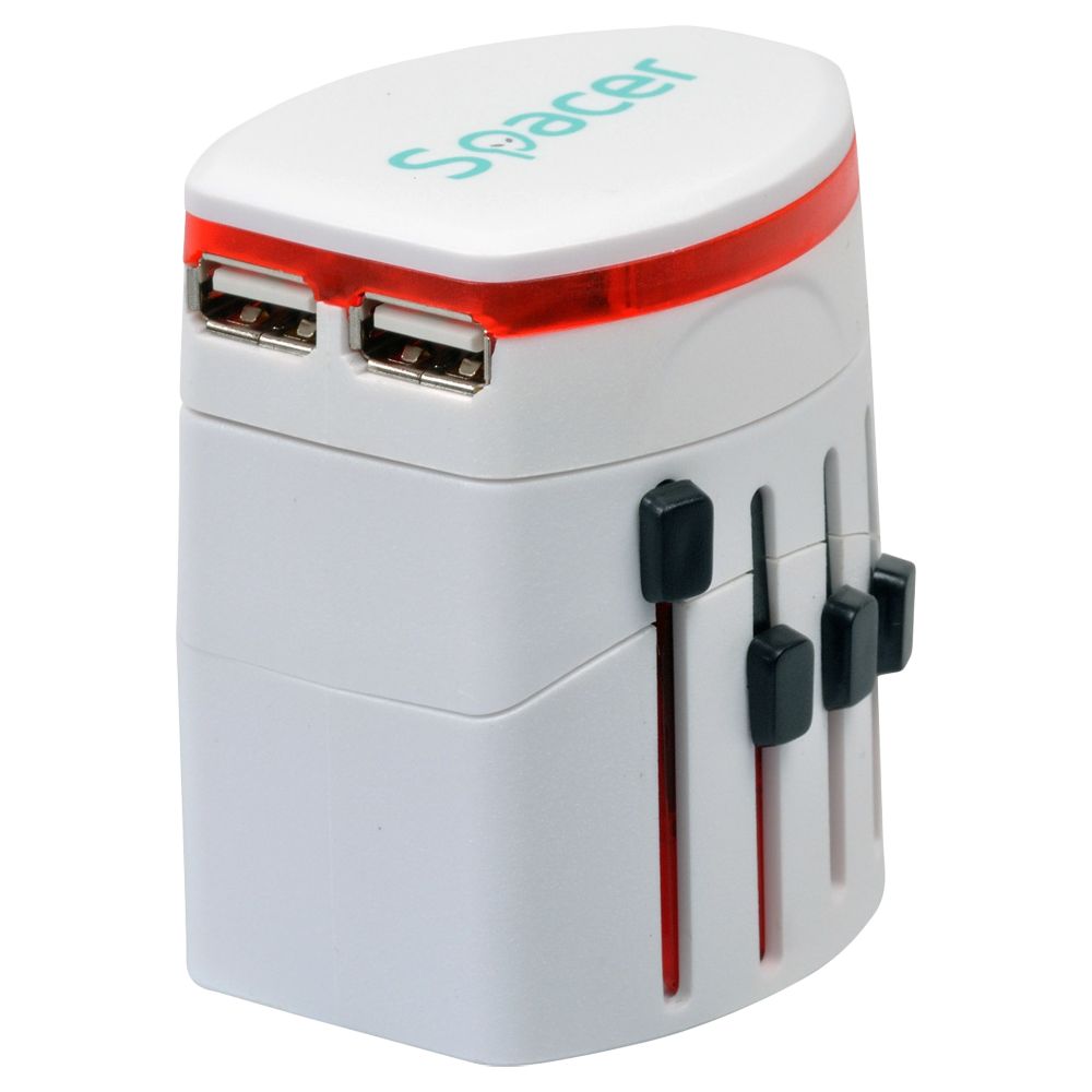 ADAPTOR universal SPACER, pt. calatorii, Schuko x 1, conectare Socket Universal (T), USB x 2,   10 A, alb,  SPAD-UNIV /45505994 (include TV 0.75 lei)