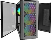Carcasa Aqirys Aquilla Midi Tower Black  TECHNICAL DATA Case type: Midi Tower Materials: Tempered Glass with hinge(left side panel), 0.9 mm SPCC steel, ABS, Metal mesh M/B support: Mini-ITX, Micro-ATX, ATX, E-ATX PSU support: ATX, 175 mm maximum length (bottom installation) VGA support: 395 mm