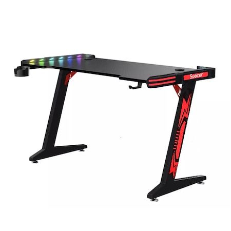 BIROU GAMING Spacer, dimensiuni 1400 x 600 x 730 mm, blat MDF invelit in fibra de carbon, grosime blat 18 mm, suport casti, suport cana/pahar, sistem management cabluri, picioare reglabile manual, RGB, telecomanda wireless  SPGD-RGB-140-01
