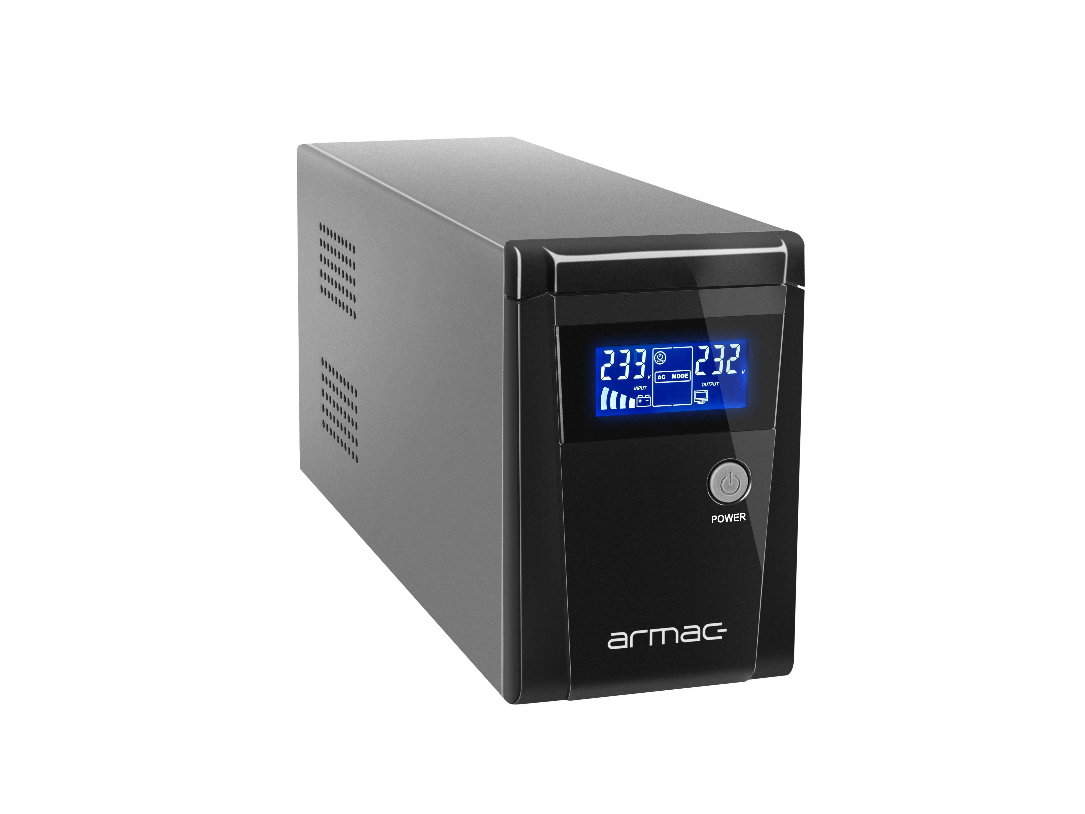 UPS Armac O/850F/LCD, 850 VA, 510 W, cu management, line-interactive, 2x Schuko, 1x RJ45, 1x USB, 12V/9Ah Lead–acid, LCD, Tower, Negru