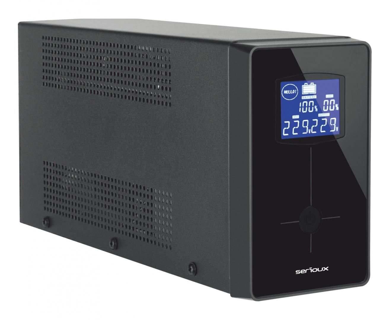 UPS Serioux SRXU-LCD2000LI, 2 kVA, 1200 W, cu management, line-interactive, 4x Schuko, 1x RJ45, 1x USB, 12 V 9 Ah 5 minute (50% sarcina), Tower, Negru