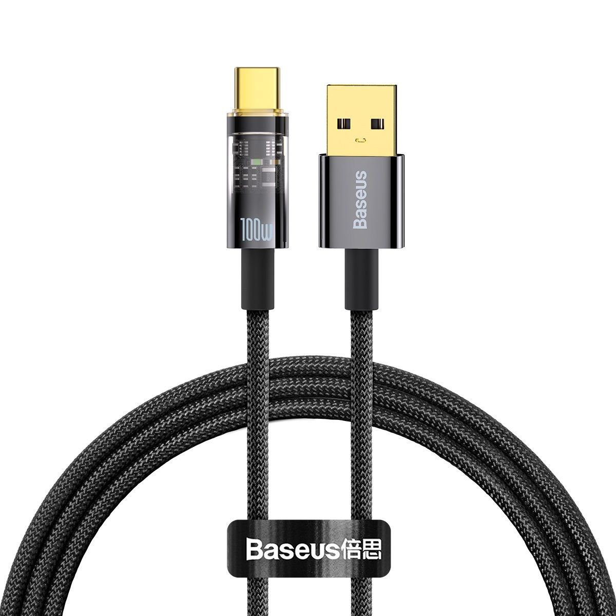 CABLU alimentare si date Baseus Explorer, Fast Charging Data Cable pt. smartphone, USB la USB Type-C 100W, 1m, Auto Power-Off, negru transparent  CATS000201  (include timbru verde 0.25 lei) - 6932172605704