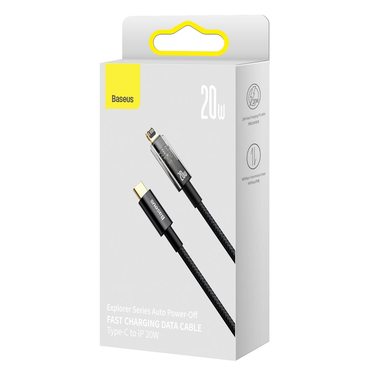 CABLU alimentare si date Baseus Explorer, Fast Charging Data Cable pt. smartphone, USB Type-C la Lightning Iphone 20W, 2m, Auto Power-Off, negru transparent  CATS000101  (include timbru verde 0.25 lei) - 6932172605681