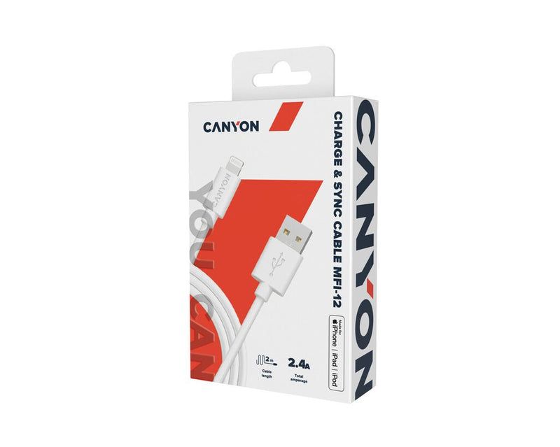 CANYON MFI C48 Lightning USB Cable for Apple , round, PVC, 2M, OD:4.0mm, Power+signal wire: 21AWG*2C+28AWG*2C,  Data transfer speed:26MB/s, White.  With shield , with CANYON logo and CANYON package.  Certification: ROHS, MFI.