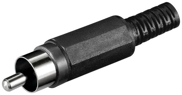 Male RCA plug, plastic, black, cable protector
Packaging: bulk 1 pc.