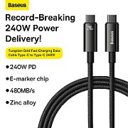 CABLU alimentare si date Baseus Tungsten Gold, Fast Charging Data Cable pt. smartphone, USB Type-C la USB Type-C 240W, braided, 1m, negru  CAWJ040001  (timbru verde 0.18 lei) - 6932172628826