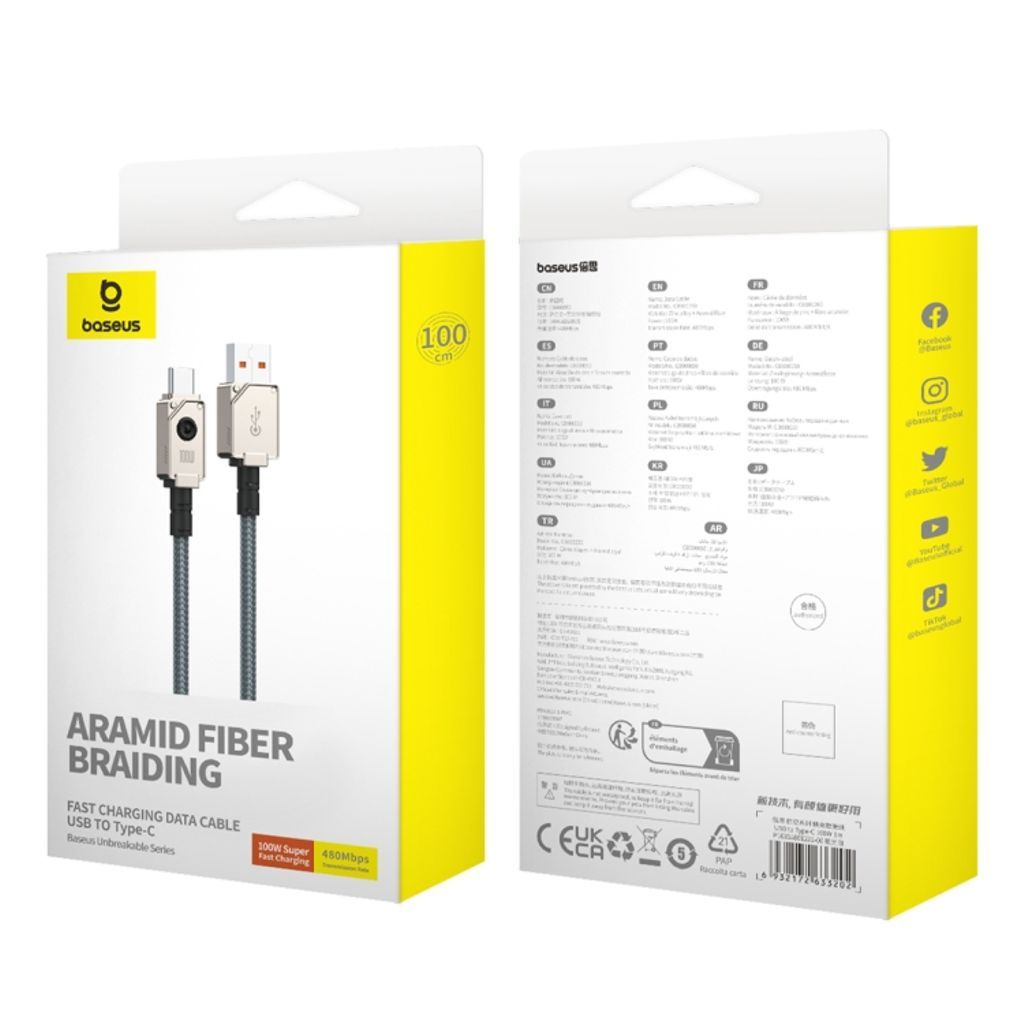 CABLU alimentare si date Baseus Unbreakable, Fast Charging Data Cable pt. smartphone, USB la USB Type-C 100W, 2m, braided aliaj zinc, alb  P10355801221-01  (timbru verde 0.08 lei) - 6932172633219
