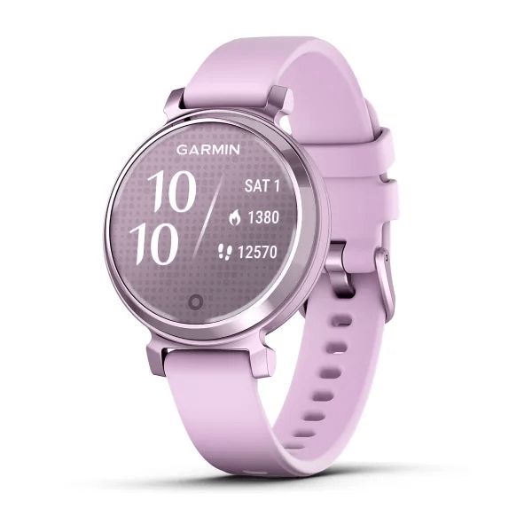 Ceas Garmin Lily 2, display AMOLED, dimensiune afisaj 35.4 mm, rezolutie afisaj 240 x 201 pixeli, memorie 8GB, autonomie pana la 5 zile, rezistanta la apa pana la 5 ATM, greutate: 24,4g, ramă Metallic Lilac cu carcasă Light Sand şi curea lila din silicon