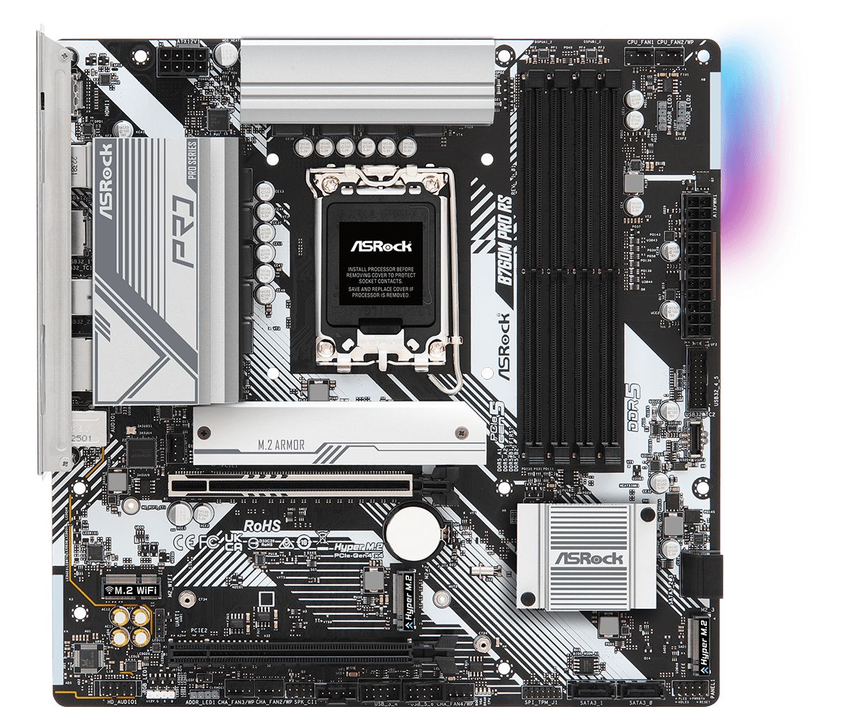 Placa de baza ASRock B760M Pro RS, socket 1700, 4x DDR5 UDIMM, 4x SATA, 3x NVMe, 11x USB-A, 2x USB-C, mATX