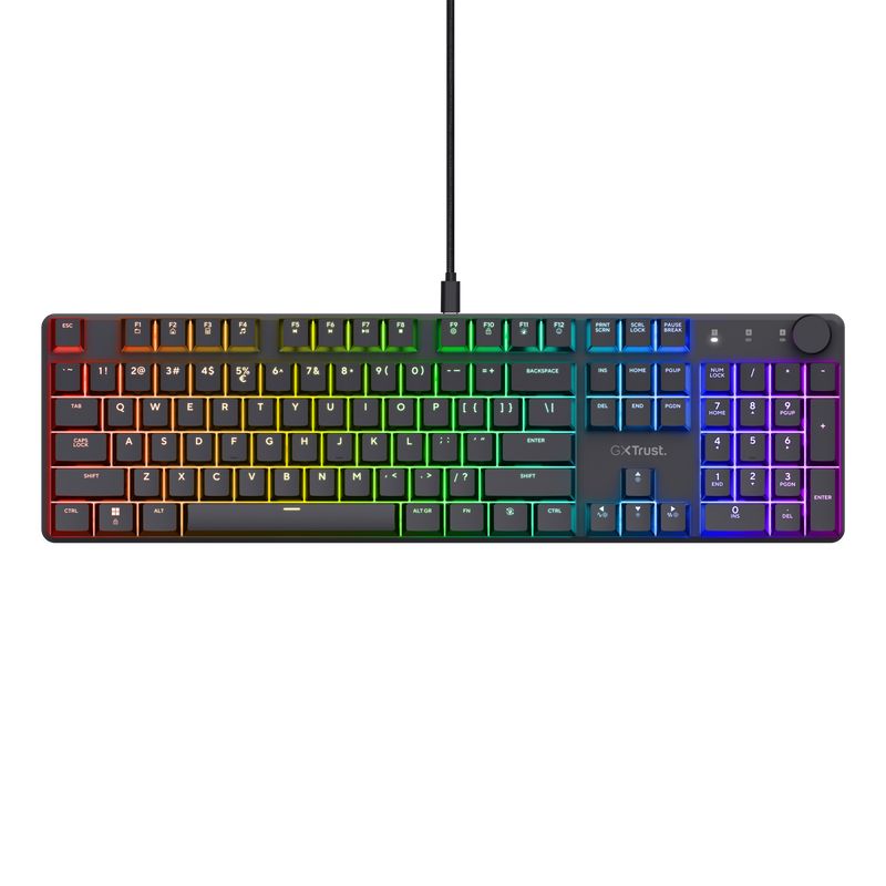 Tastatura mecanica Trust GXT 866 Torix cu fir, swtich linear, 104 butoane, full RGB, butoane programabile, tipuri de jocuri FPS, MMO, MOBA, RPG, RTS, negru