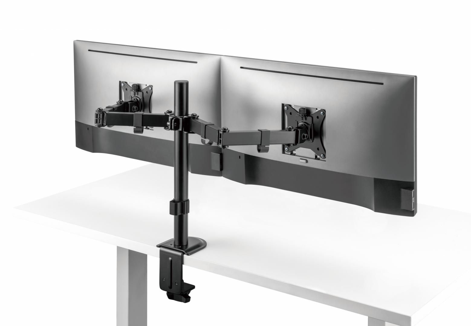 Suport 2 monitoare SeriouxMM66-C024, compatibilitate  dimensiune ecran 17 -32 ,  greutate maximă suportata: (per ecran): 9kg, VESA: 75x75, 100x100, inclinare: +45°~-45°, pivotare: +90°~-90°, rotația ecranului: + 180°~-180°, instalare: clemă, grommet, grosime recomandată pentru birou: clemă: 10~85mm