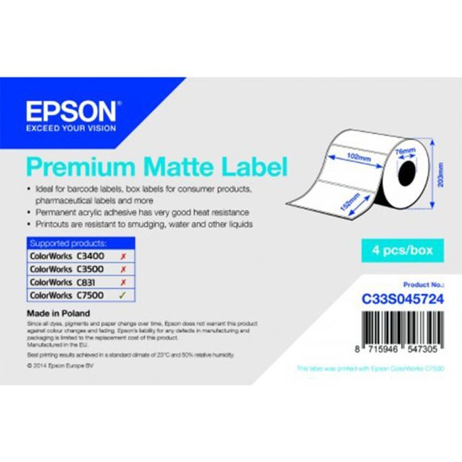Premium Matte Label - Die-cut Roll: 102mm x 152mm, 800 labels