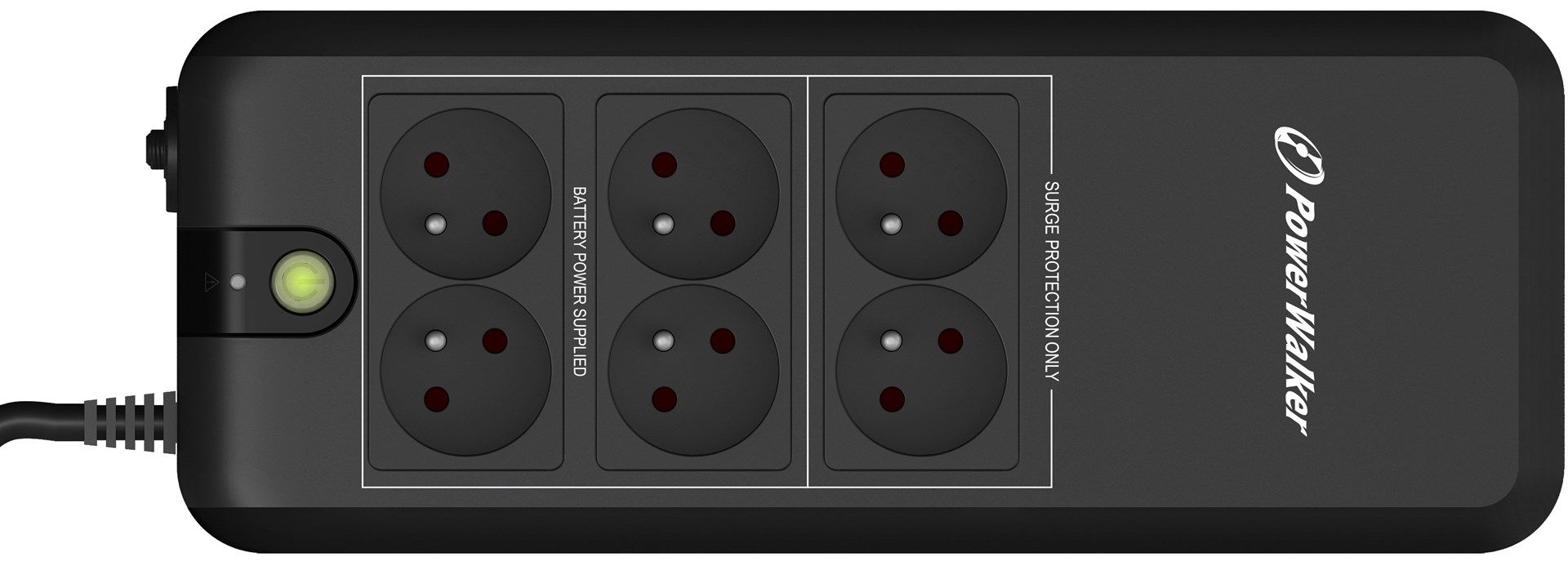 UPS PowerWalker VFD 600 APFC FR, 600 VA, 300 W, fara management, off-line, 6x Schuko, 1x RJ45, 12.0V/5.0Ah Brick, Negru