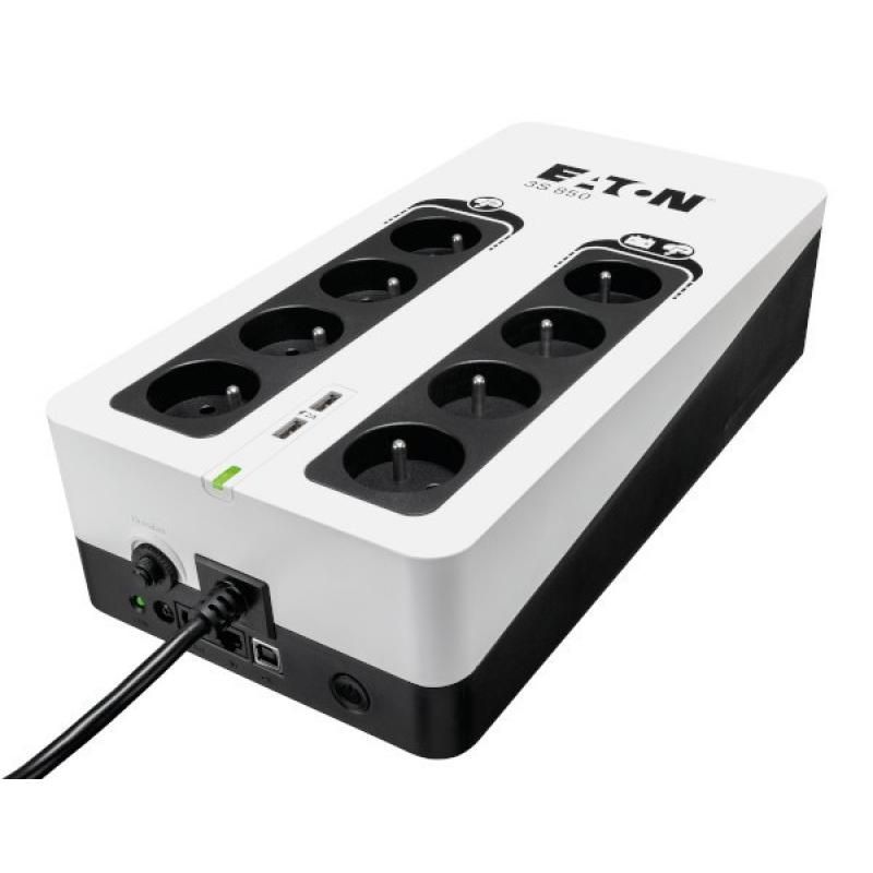 UPS Eaton 3S850F, 850 VA, 510 W, cu management, off-line, 8x Schuko, 1x USB, 12V 9Ah Sealed Lead-acid, LED, Brick, Negru/alb