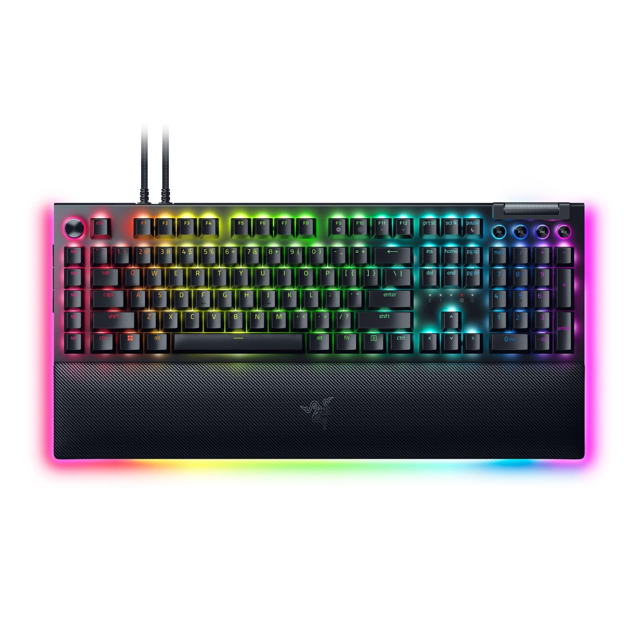 Razer Mechanical Gaming Keyboard BlackWidow V4 Pro Gaming Keyboard 5052 Aluminum Alloy Top Case 5 dedicated macros keys 3 dedicated macro side buttons 2-side underglow on main chassis with 3-side underglow on wrist-rest Up to 8 000 Hz polling rate RGB