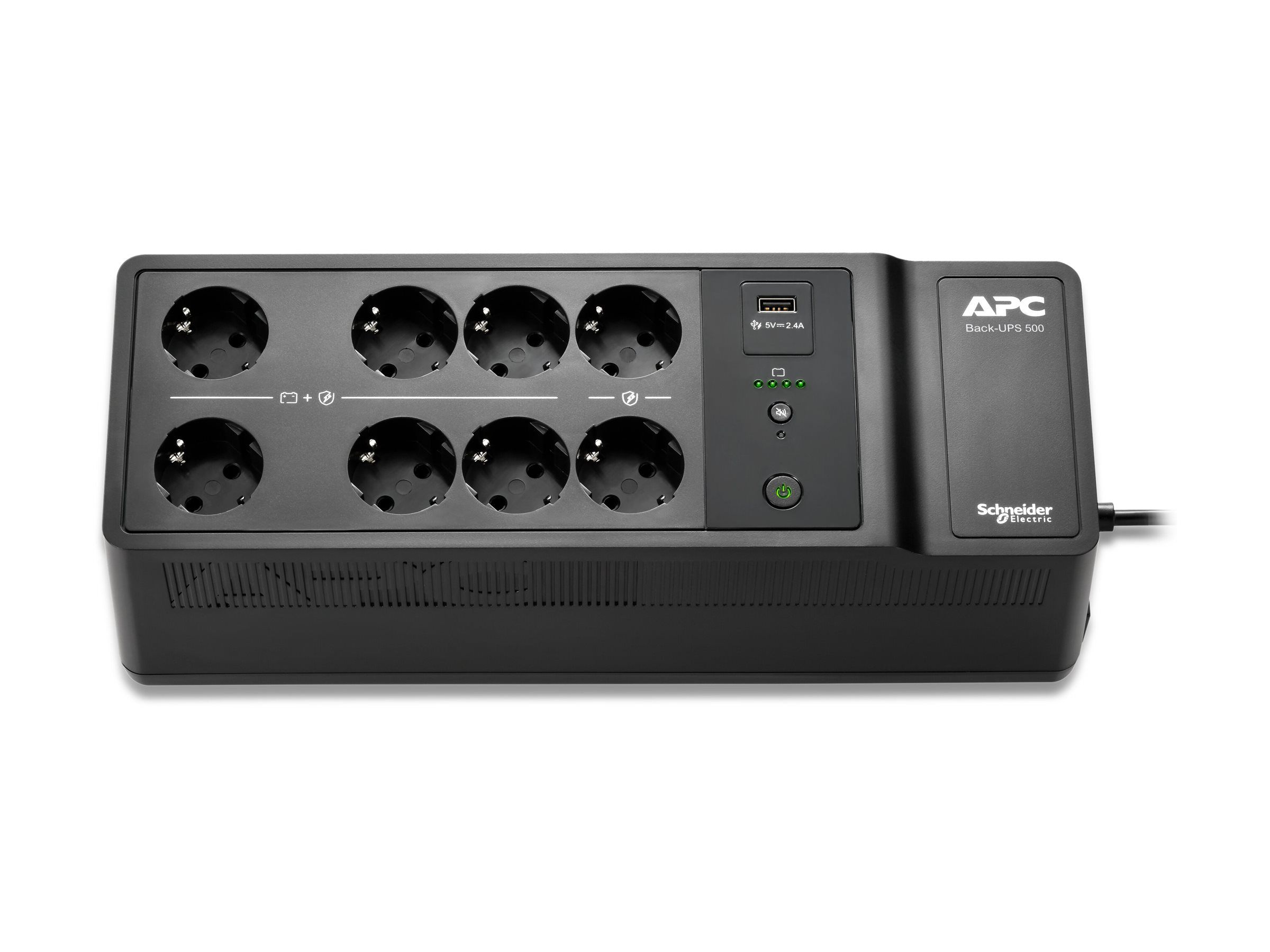 UPS APC BE500G2-GR, 500 VA, 300 W, standby, 8x Schuko, 1x USB, Lead–acid, LED, Brick, Negru
