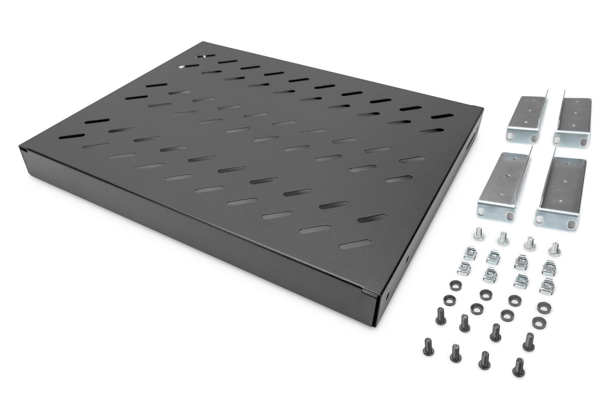 Fixed shelf 19   1U  depth 550 mm  load capacity 25 kg  4-point mounting  black  screws and bracket in set.