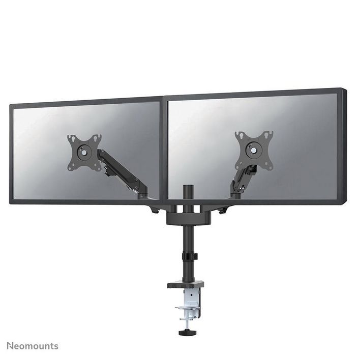 Brat de birou pentru monitor Neomounts, poate sustine 2 monitoare cu diagonala display 17-27 , suporta pana la 14kg per monitor, full motion, +45°, -45° inclinatie, +90°, -90° swivel, +180°, -180° rotatie,  VESA min 75x75, VESA max 100x100, reglabil pe inaltime: 7,3-48,1 cm, negru. Garantie 5 ani