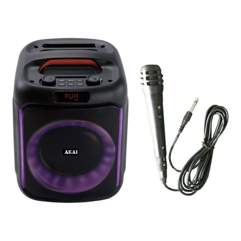 Boxa portabila Akai Bluetooth 5.0, putere RMS 50W, puterea de emisie a canalului Bluetooth 2dbm, frecvența radio FM: 87,5-108MHZ, Frecvența radio FM: 87,5-108MHZ, raspuns in frecventa 55Hz-20KHz, sursa de alimentare: 5V/1A, baterie: 7,4 V, 1500 mAh, difuzoare dimensiune 6,5 inch*1, timp de incarcare
