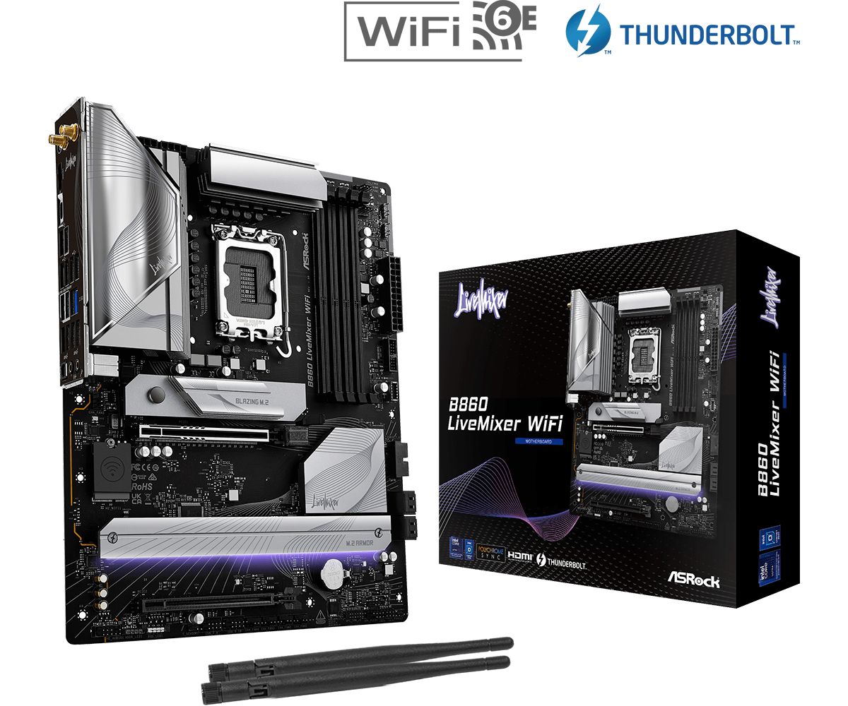 Placa de Baza ASROCK B860 LIVEMIXER WIFI LGA1851, 4x DDR5, 1x HDMI 1x Intel Thunderbolt, 2x PCIE x16, 4x M.2, 4x SATA 6GB/s, ATX