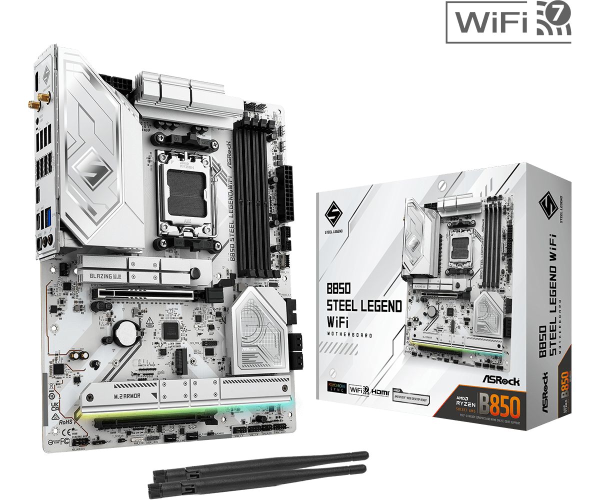 Placa de Baza ASROCK B850 STEEL LEGEND WIFI AM5, 4x DDR5, 1x HDMI, 2x PCIE x16, 5x M.2, 4x SATA 6GB/s, ATX