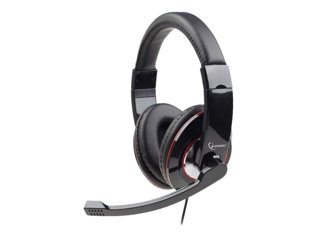 GEMBIRD usb stereo headset rotating music gooseneck microphone inline volume control adjustable headband black/red