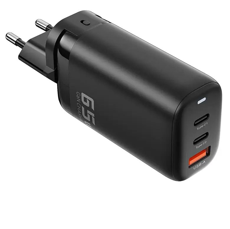 AC power supply with 2xUSB-C (USB3.1) + USB3.0 PD 3.0 65W plug, black with 3 travel adapters
- SUPER FAST CHARGE
- Input: 100-240V 50/60Hz
- USB-C1: 3.3V-20V:3A, 5V:3A, 9V:3A, 12V:3A, 15V 3A, 20V:3.25A (65W max)
- USB-C2: 3.3V-20V:3A, 5V:3A, 9V:3A, 12V:3A, 15V 3A, 20V:3.25A (65W max)
- USB3.0: 3.3V-10V:3A, 5V:3A, 9V:3A, 12V:2.5A, 15V 2A, 20V:1.5A (30W max)
USB-C1+USB-C2=45W+20W (65W)
USB-C1+USB3.0=45W+18W (63W)
USB-C1+USB-C2+USB3.0=45W+10W+10W (65W)
Packaging: box 1 set