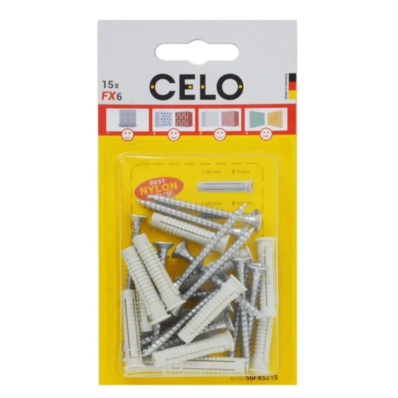 Blister Plug with PZ chipboard screw FX 6 SPS

The ideal plug with high loads in almost all building materials

The popular nylon plug FX blister with screw is one of the most versatile nylon plug that achieves very high load values in various building materials due to its 4-side expansion. The FX plug features anti-rotation lugs which prevent rotation in the drill hole, transferring the force optimally into the base material. In addition and for further installation comfort it has a collar that prevents the plug from slipping into the drill hole.


Key features:


	4-side expansion for high pull out load
	Compatible with different types of screws such as wood screws, chipboard screws, self-tapping screws, etc.
	Efficient anti-rotation lugs prevents rotation in the drill hole
	Plug collar prevents slipping into the drill hole
	High quality and ageing resistant nylon
	Temperature resistant from -40&ampdegC to +80&ampdegC



The popular nylon plug FX 6 with screw in blister of CELO is the most versatile 4-side expansion nylon plug that achieves very high load values in various building materials due to its 4-side expansion. The FX plug features anti-rotation lugs which prevent rotation in the drilling hole transferring the force optimally into the base material. In addition and for further installation comfort it has a collar that prevents the plug to slip into the drill hole.

The FX plug is made of high quality ageing resistant nylon that can be used with different types of screws such as wood screws, chipboard screws or self-tapping screws guaranteeing a secure and solid fixing. With a temperature resistant covering ranges from -40&ampdegC to +80&ampdegC, the plug FX is suitable for a wide range of applications, from lighting and sanitary installations to masonry.

The blister packaging is perfectly suited for the DIY sector.

In one blister you will receive 15 dowels FX 6 and matching chipboard screws 4,5x45 with Pozi drive.