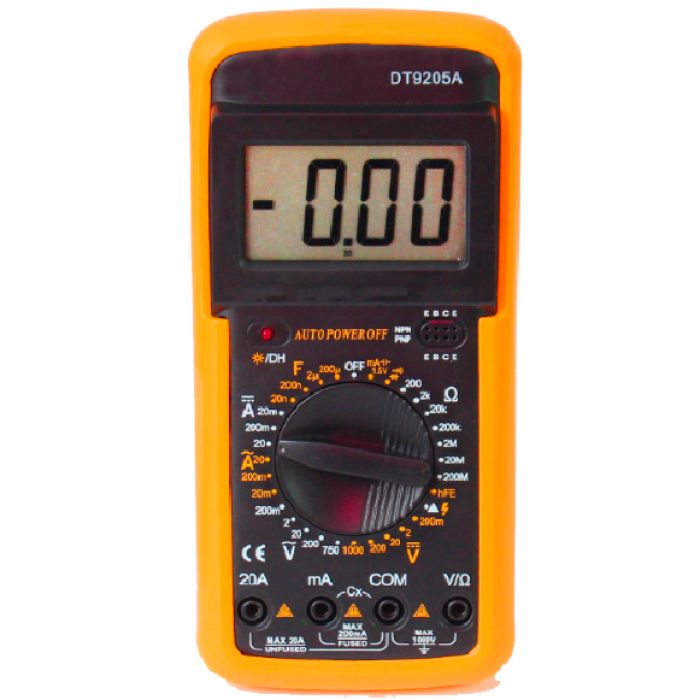 Digital multimeter DT9205A with 8 functions
DC Voltage:200mV-1000V
AC Voltage:200mV-750V
DC Current:20mA-20A
AC Current:20mA-20A
Resistance:200&ampOmega-200M&ampOmega
Capacitance:200&ampmicroF-20nF
Diode Test: Yes
Transistor Test: Yes
Buzzer