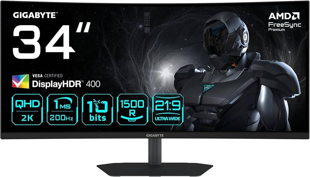 GIGABYTE G34WQC2 34” WQHD Curved Gaming Monitor - 3440 x 1440  1500R  200Hz  1ms  450 cd/m2  AMD FreeSync Premium  DisplayHDR 400  HDMI 2.0  Displayport 1.4
