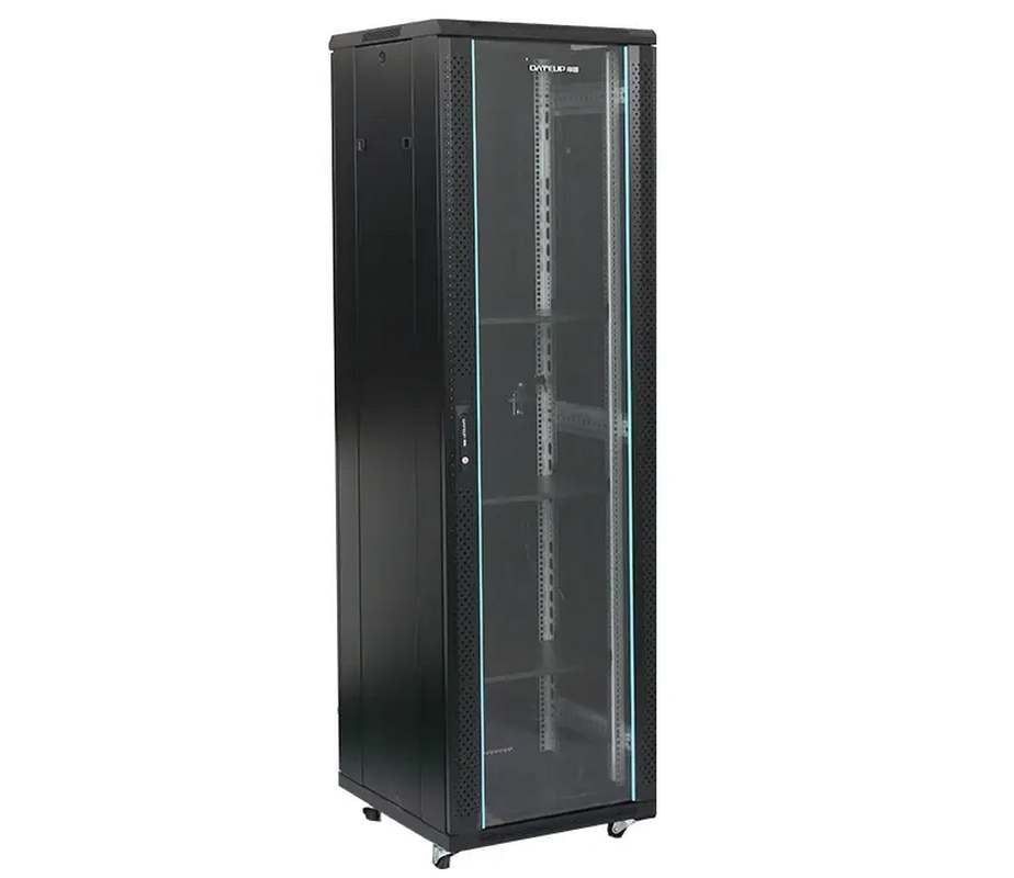 Rack 22U 600x600, montare pe podea, usa din sticla, panouri laterale detasabile si securizate, dezasamblat, culoare negru RAL 9004, DATEUP