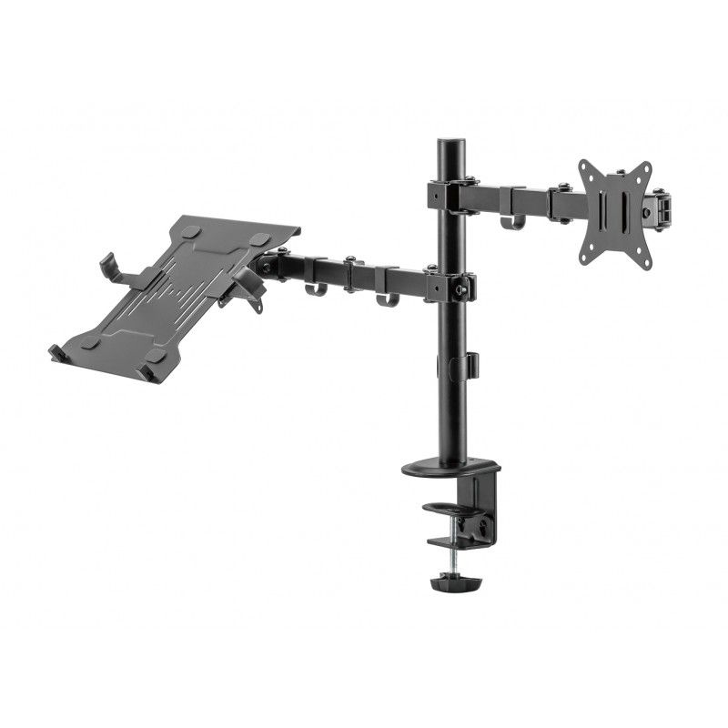 Suport de birou pentru monitor si laptop, Nexio, 17-32 inch(43cm-81cm), dubla articulatie, reglabil, capacitate sustinere 9KG/suport, Negru