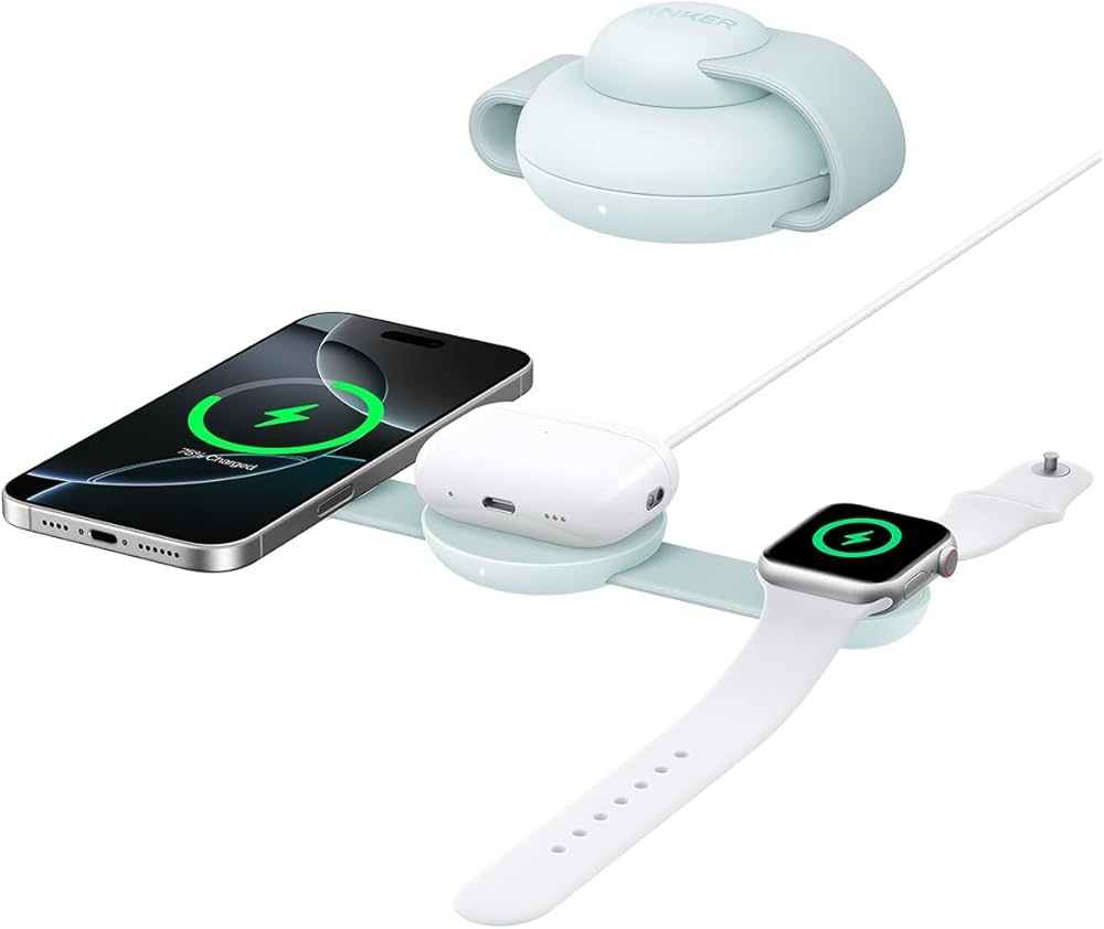 Stand cu incarcare wireless 3 in 1 Anker, MagGo 3-in-1, 15W, portabil, pliabil, fast charge, pentru iPhone seriile 12-16, Apple Watch, AirPods, 1 x USB-C incarcare, verde,  B25M8H61  (timbru verde 0.18 lei) - 0194644286712