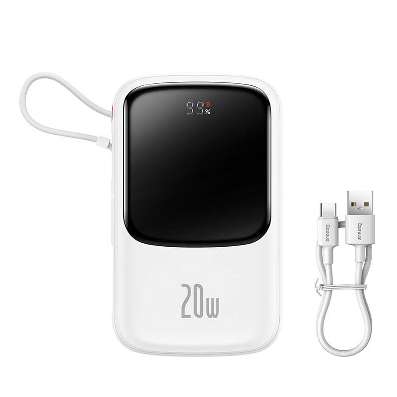 POWER BANK Baseus Qpow Pro Digital Display, 10000mAh, 20W, 1 x cablu integrat Iphone Lightning output, 1 x USB, 1 x USB Type-C, alb  PPQD060002  (timbru verde 0.98 lei) - 6932172620592