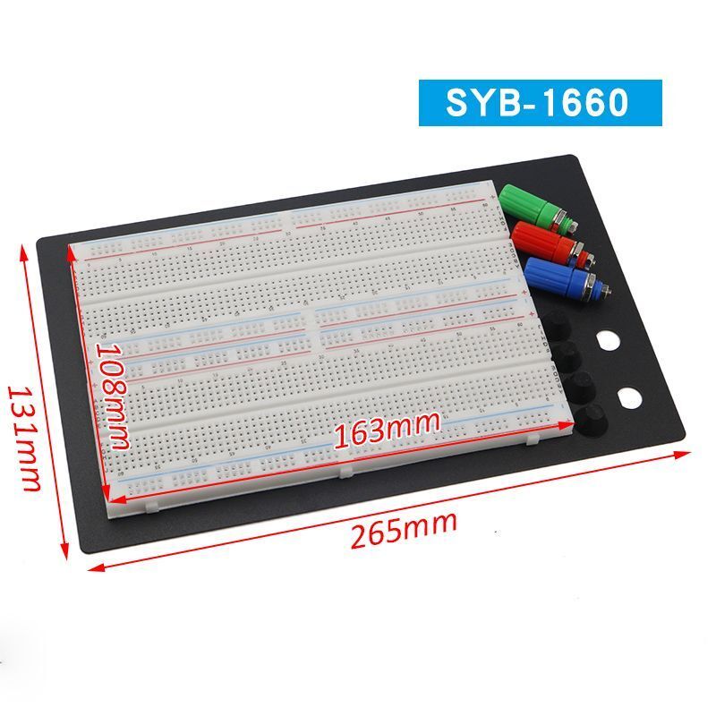 Breadboard with 1660 connection points
Power strips: 400 connection points
Dual strips: 1260 connection points
ABS housing
Accepts 20-29AWG wire diameter
Voltage/current: 300V/3-5A
Packaging: bulk 1 pc.