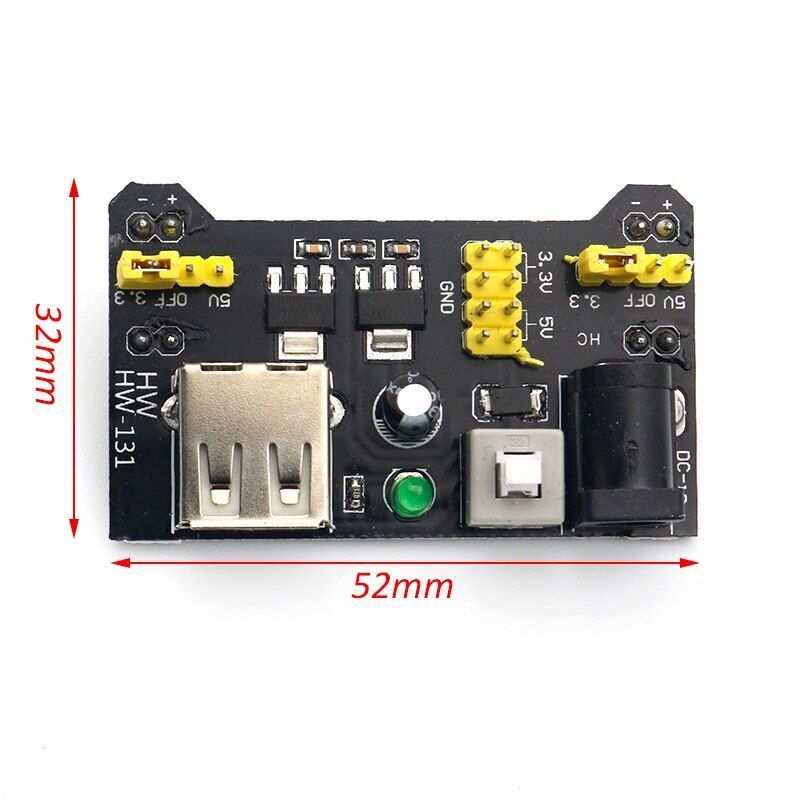 Product Description:

7-12V input voltage and provides 3.3V or 5V on each of the two outputs.

Connects extremely easily to 830 and 400 point breadboards.

Power supplies with Arduino Mega or Uno compatible sockets can be used.

The USB connector is intended for powering external devices (output only). Do not attempt to use it to power the BBPS-MB102DCU!

Technical Specifications:

Input voltage: 7-12V via 5.5x2.1mm connector

Output voltage: 3.3V or 5V

Maximum current: 500mA

AMS1117-5.0 and AMS1117-3.3 stabilizer

Instructions

The output voltage on the left and right can be configured independently. To select the output voltage, move the jumper to the corresponding pins. Note: The power indicator LED and the breadboard power rails will not light up if both jumpers are in the &ampquotOFF&ampquot position.

Package Contents:

1x 3.3V - 5V breadboard power supply module

Packing: bulk 1 pc.