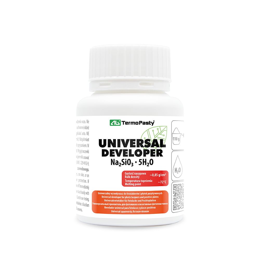 Universal developer for photo lacquers and positive plates &ampndash precision and safety in operation

The Universal developer is a reliable product designed for precise development of photo lacquers and positive plates. Its unique formula guarantees excellent development quality. It also ensures sharp contour precision, crucial in lithographic processes and electronic component production. With the absence of sodium hydroxide (NaOH), the developer ensures enhanced safety, minimizing the risk of skin irritation and damage to working materials.

Product benefits


	Precise development: The product ensures clear and sharp contours. This is essential in lithographic processes such as the production of printed circuit boards and integrated circuits.
	Safety in use: The absence of sodium hydroxide (NaOH) in the formulation makes the developer safer for users and the work environment. This reduces the risk of skin irritation and material damage.
	Versatile applications: The developer is suitable not only for developing photo lacquers but also for photographs, making it a universal product for various fields.
	Exceptional physicochemical properties: The Universal Developer stands out with a range of physicochemical properties that make it highly effective and easy to use. It has a bulk density of 0.85 g/cm&ampsup3, allowing for easy dosing and even distribution. Additionally, a melting point of around 72&ampdegC ensures stability across a wide temperature range. Its high thermal resistance guarantees durability and effectiveness, even in demanding production conditions. With a pH range of 12-13, the developer efficiently develops photo lacquers while ensuring user safety.&ampnbspFurthermore, the product boasts a whiteness level above 80%, ensuring clean and clear development results. This combination of physicochemical properties delivers precise results in a short time.


Applications of the Universal developer

The Universal Developer is designed for a broad range of applications, including:


	Photolithography: Ideal for developing photo lacquers in the production of precise electronic circuits and printed circuit boards.
	Positive plates: The product ensures sharp contours and high-quality development, essential for producing integrated circuits and PCBs.
	Photography and microlithography: It is also well-suited for developing photographs and in artistic works where precision is equally important.


How to prepare the solution?

Preparing the developer is quick and easy, ideal for daily use in industrial and hobbyist settings. Simply:


	Dissolve 110&ampnbspg of the product in 2 liters&ampnbsp(&ampplusmn 0,5 L) of water at 50&ampdegC, stirring until fully dissolved.
	Once cooled to room temperature, the solution is ready for use.
	Development time is 30 to max 60 seconds, ensuring quick and effective pattern formation for optimal results.


Universal developer &ampndash the ideal choice for demanding users

In summary, the Universal developer for photo lacquers and positive plates offers precision, safety, and easy usage. Its versatility in electronics, photography, and art makes it essential for both professionals and hobbyists. With its high quality, simple preparation, and safe formula, the developer becomes a reliable solution in any demanding work environment.