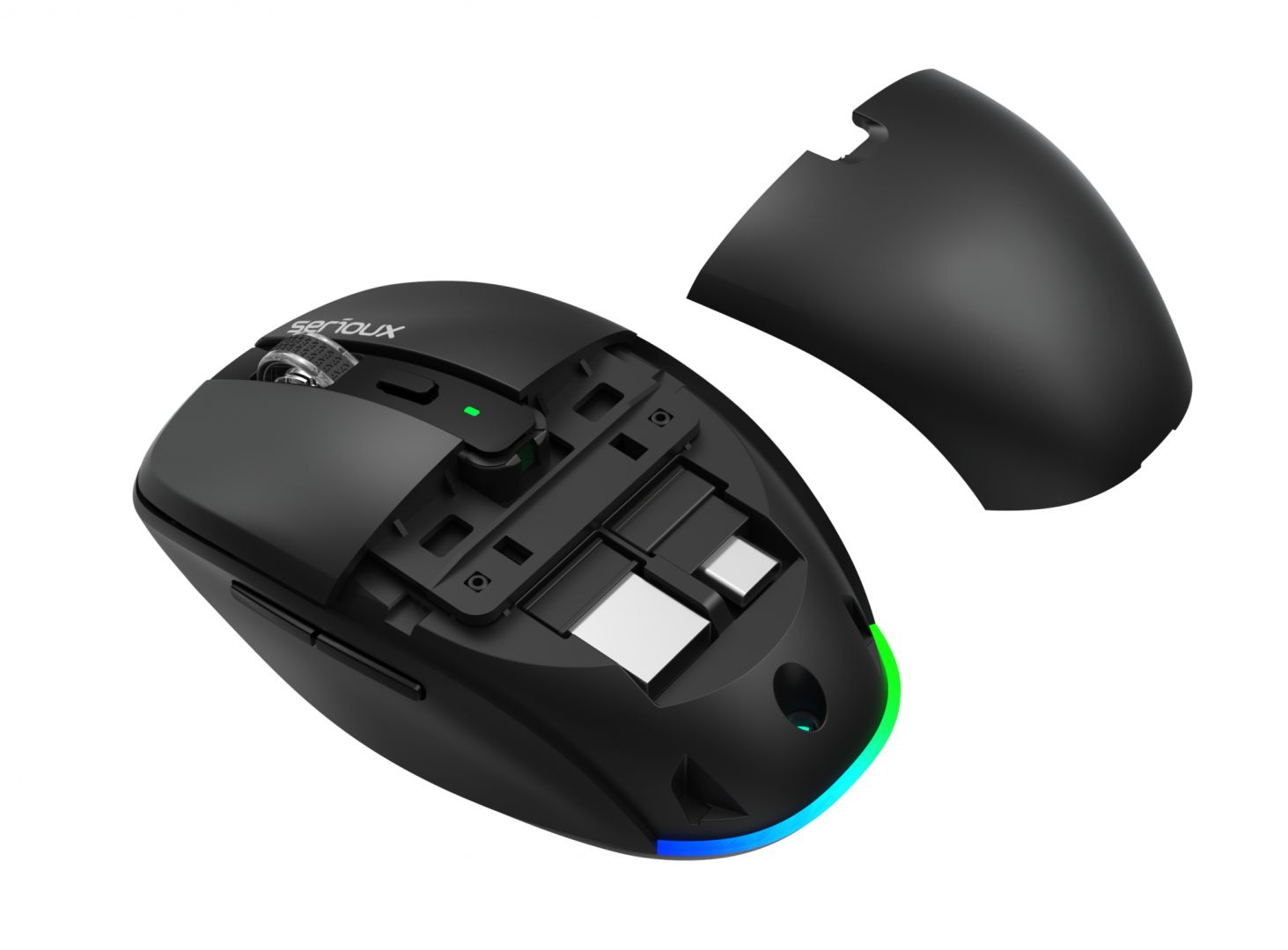 Mouse wireless AirFlow 2.4G+BT cu mod dual, cu receptor dual USB-A +USB-C LED frontal  Mod: 2.4G + Bluetooth  Număr cheie: 6  Material: ABS  Culoare: Negru complet  DPI: 800-1200-1600  Comutator: Clic silențios pentru butonul L-R  Interfață: Receptor dual USB-A + TYPE-C  Baterie: Baterie litiu de