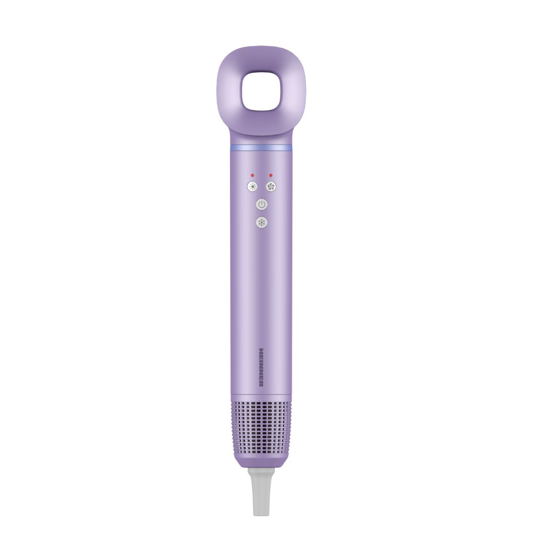 Aparat de coafat Heinner HAS-H13BLDC-V4, ionizare, motor BLDC, putere: 1300 W, 3 trepte de putere, 4 setari de temperatura, accesorii: ondulator, perie rotunda, uscator, concentrator, culoare: mov