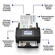 EPSON WORKFORCE ES-590W A4 SCANNER, Format A4, Scanner CIS, Sursa lumina LED, Rezolutie: 600 x 600 DPI, Senzor ultrasonic, Touchscreen 10.9cm, Viteza scanare: 45ppm, Capacitate : 100 coli, Volum zilnic:5000 pagini, Duplex single pass, Interfata: USB, WI-FI, LAN, Dimensiuni: 296‎ x 169 x 167 mm