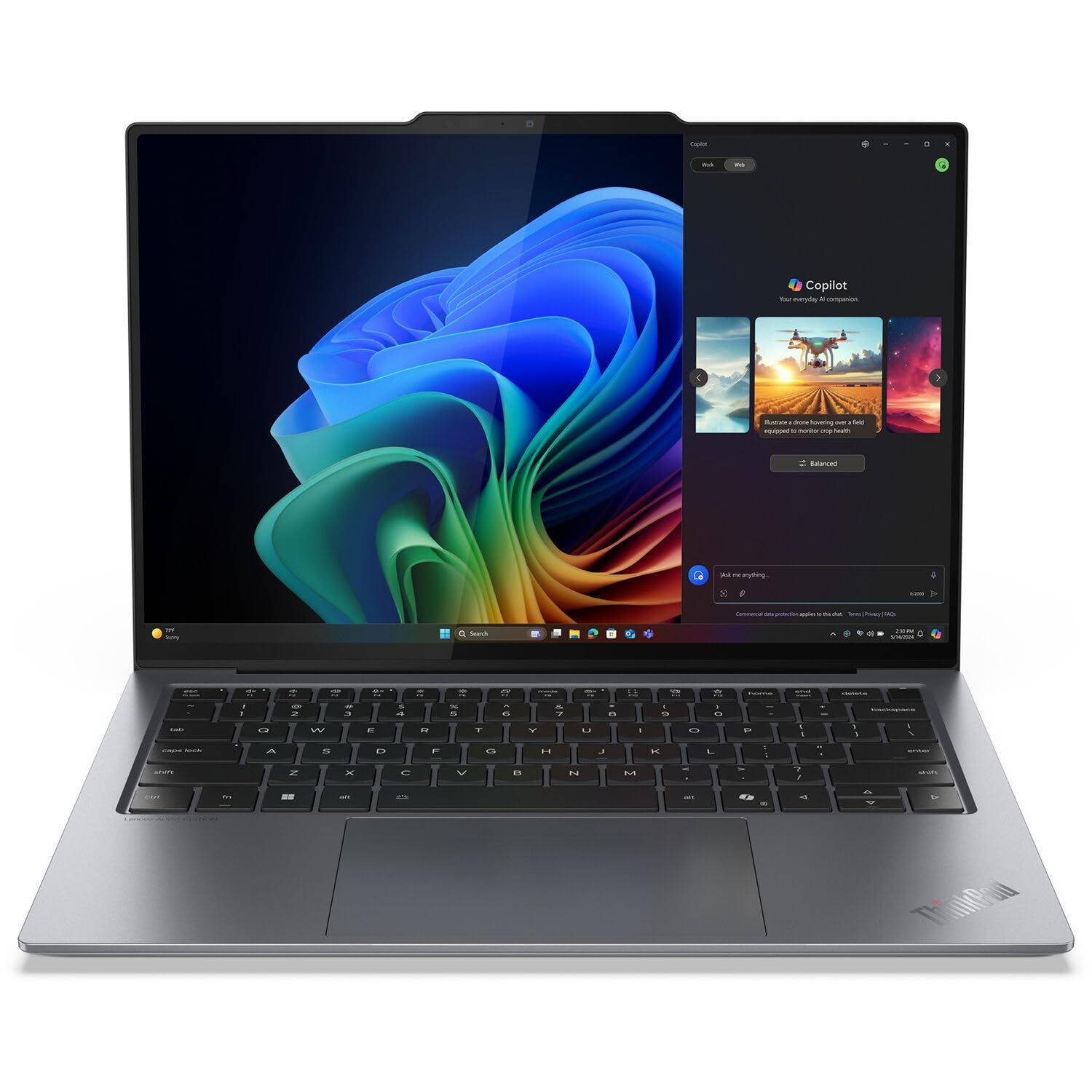 Laptop Lenovo ThinkPad X9-14 Gen 1 Aura Edition 21QA001YRI, 14 inch 2880 x 1800 Touchscreen, Intel Core ultra 7 258V (8 C / 8 T, 2.2 GHz - 4.8 GHz, 12 MB cache, 17 W), 32 GB LPDDR5x, 2 TB SSD, Intel Intel Arc Graphics 140V, Windows 11 Pro, Tastatura Romanian / English, Grey