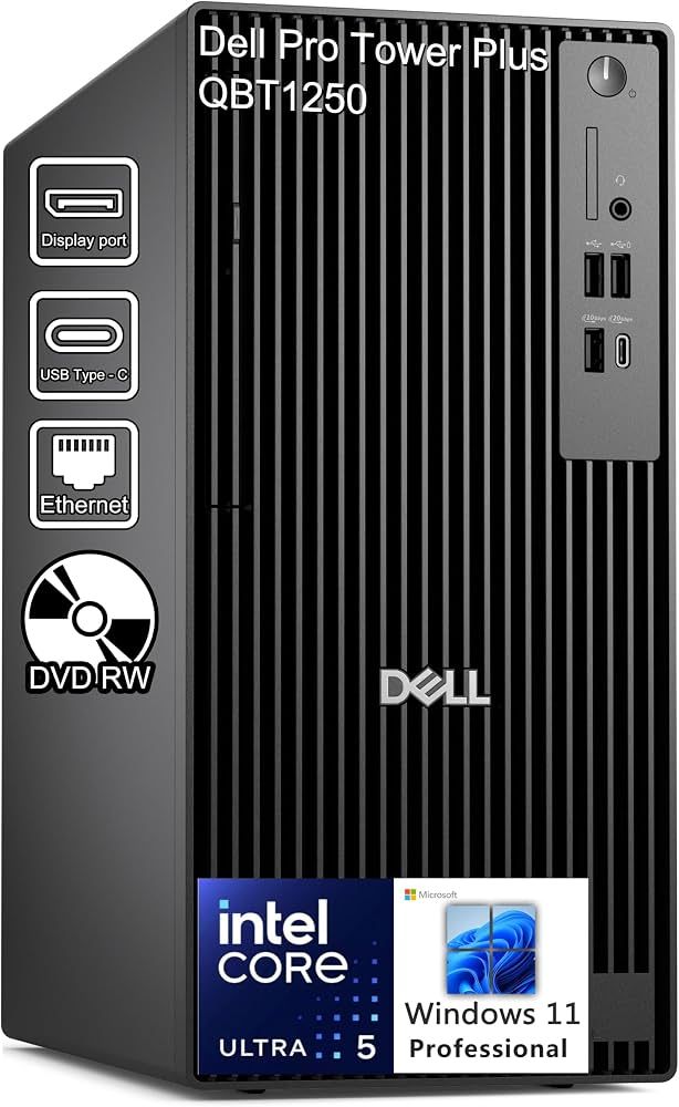 Desktop PC Dell Pro Plus QBT1250 Tower Tower, Intel Core Ultra 5 235 (14 C / 14 T, Nespecificat - 5.0 GHz, 24 MB cache, 65 W), 16 GB DDR5, 512 GB SSD, Fara unitate optica, Intel Intel Graphics Partajata, 260 W, Windows 11 Pro